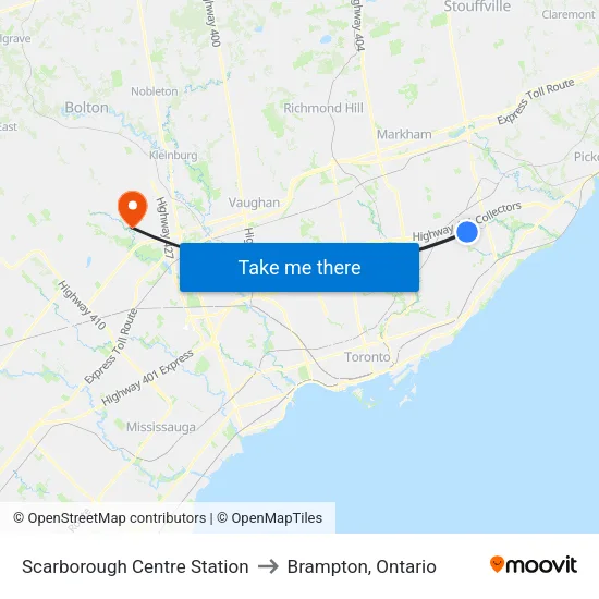 Scarborough Centre Station to Brampton, Ontario map