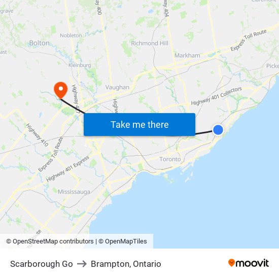 Scarborough Go to Brampton, Ontario map