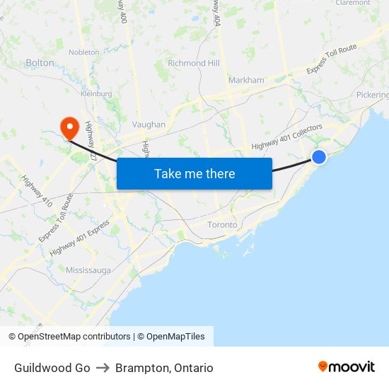 Guildwood Go to Brampton, Ontario map