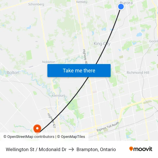 Wellington St / Mcdonald Dr to Brampton, Ontario map