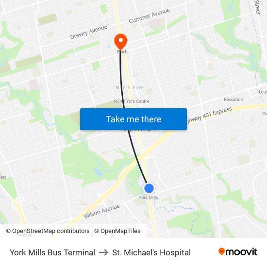 York Mills Bus Terminal to St. Michael's Hospital map