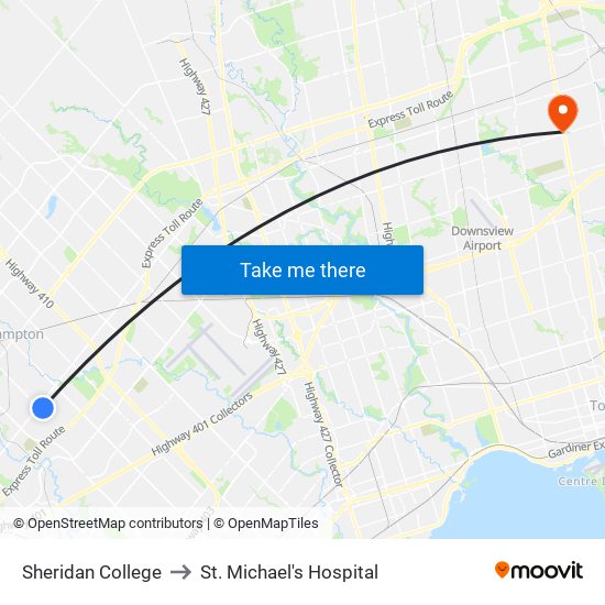 Sheridan College to St. Michael's Hospital map