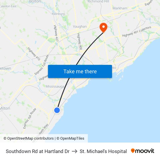 Southdown Rd at Hartland Dr to St. Michael's Hospital map