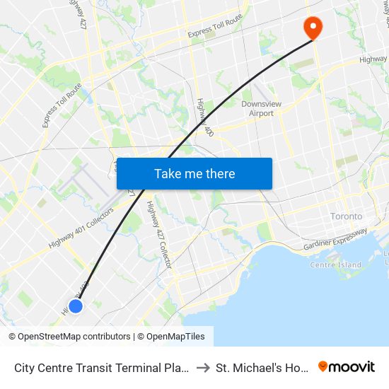 City Centre Transit Terminal Platform K to St. Michael's Hospital map