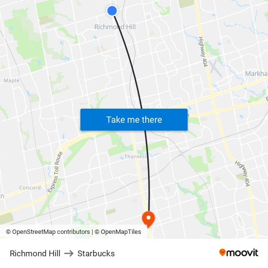 Richmond Hill to Starbucks map
