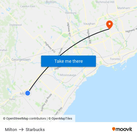 Milton to Starbucks map