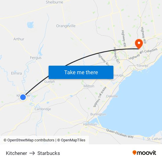 Kitchener to Starbucks map