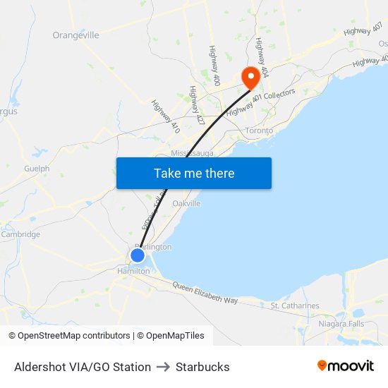 Aldershot VIA/GO Station to Starbucks map