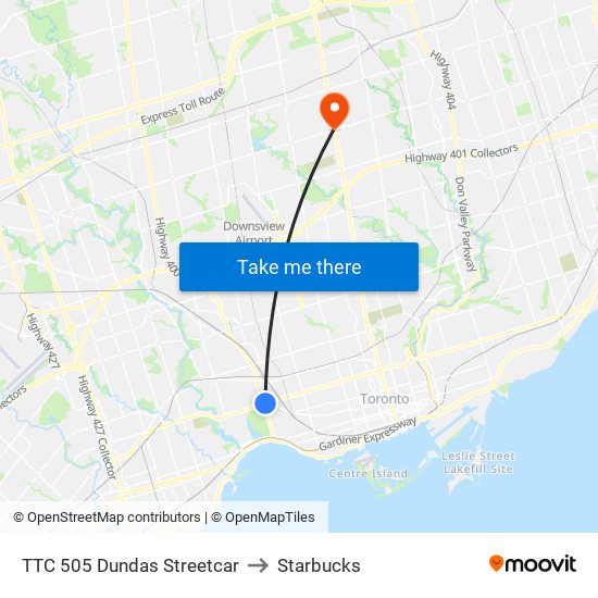 TTC 505 Dundas Streetcar to Starbucks map