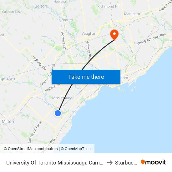 University Of Toronto Mississauga Campus to Starbucks map