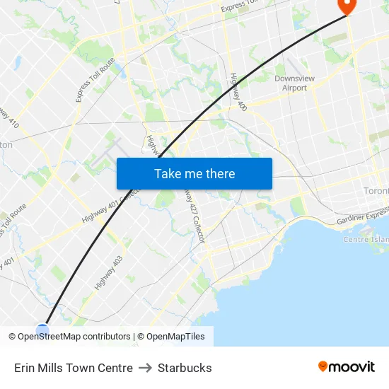 Erin Mills Town Centre to Starbucks map