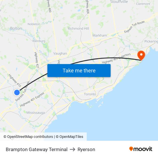 Brampton Gateway Terminal to Ryerson map