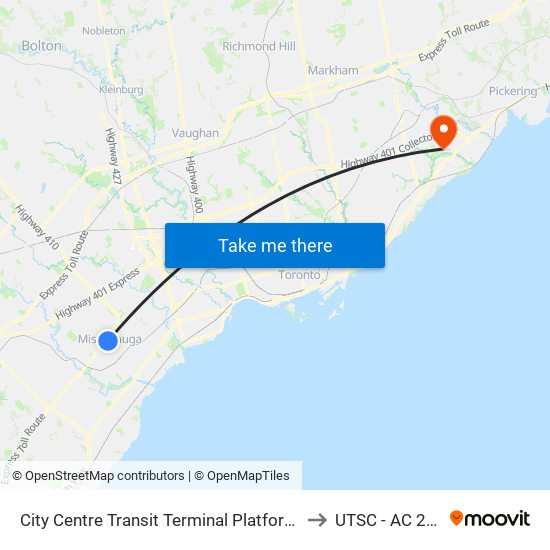 City Centre Transit Terminal Platform J to UTSC - AC 223 map