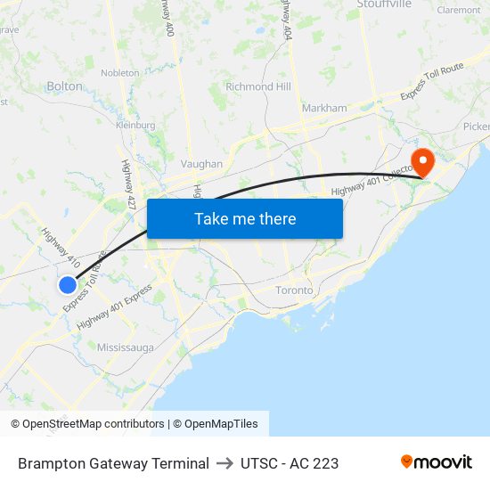 Brampton Gateway Terminal to UTSC - AC 223 map