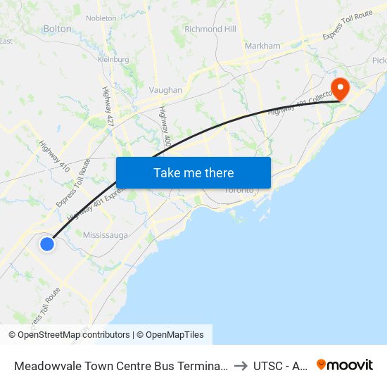 Meadowvale Town Centre Bus Terminal Platform H, I, J to UTSC - AC 223 map