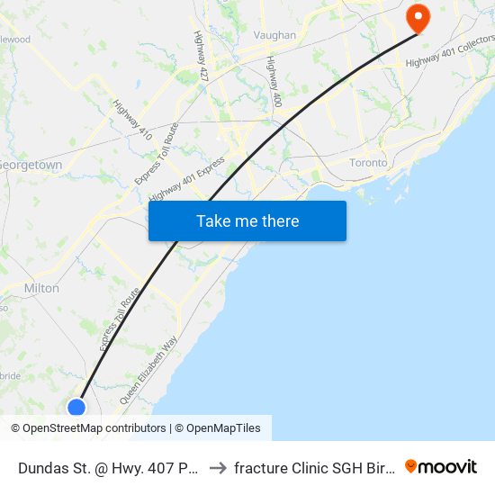 Dundas St. @ Hwy. 407 Park & Ride to fracture Clinic SGH Birchmount map