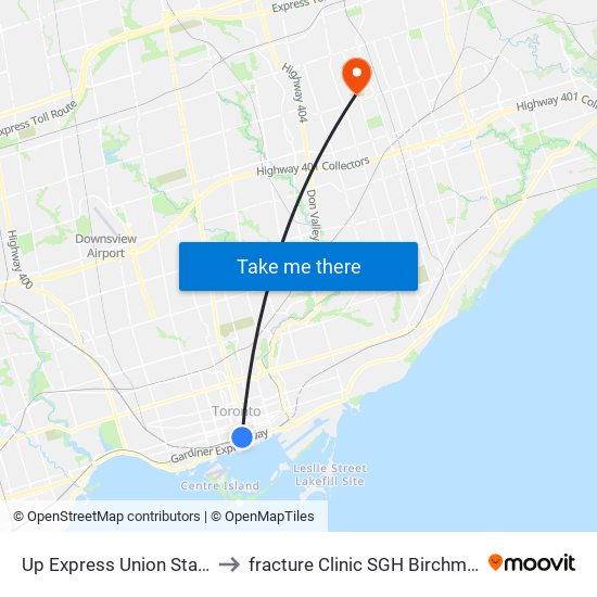 Up Express Union Station to fracture Clinic SGH Birchmount map