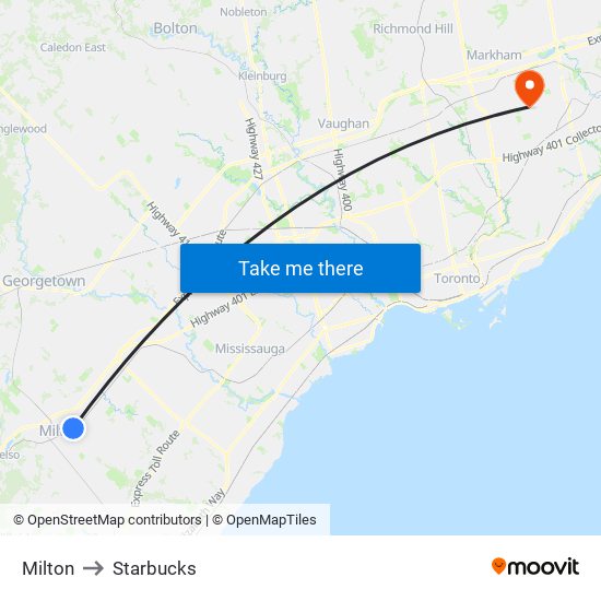 Milton to Starbucks map