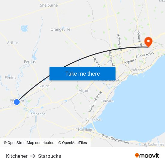 Kitchener to Starbucks map