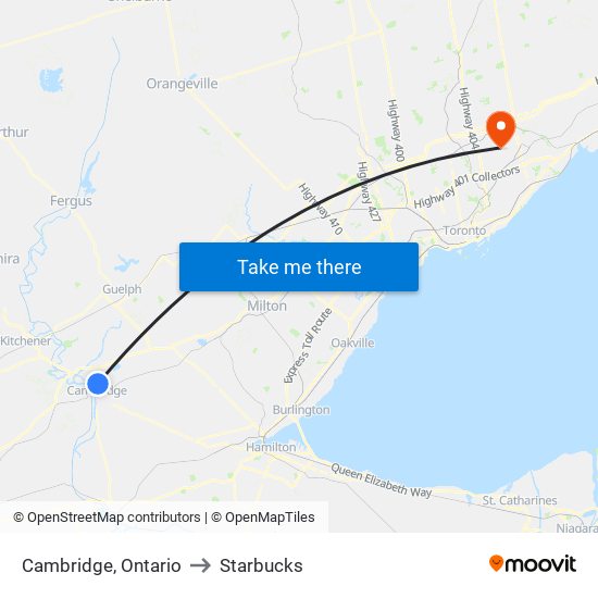 Cambridge, Ontario to Starbucks map