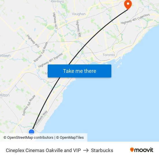 Cineplex Cinemas Oakville and VIP to Starbucks map