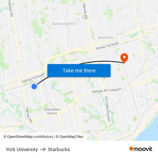 York University to Starbucks map