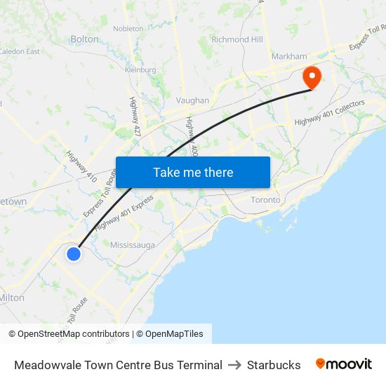 Meadowvale Town Centre Bus Terminal to Starbucks map