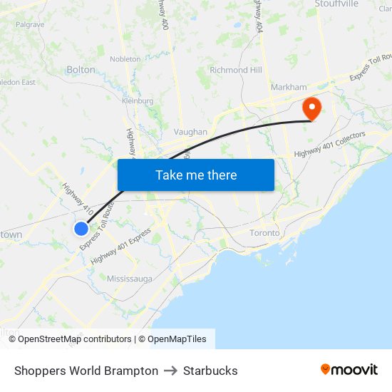 Shoppers World Brampton to Starbucks map