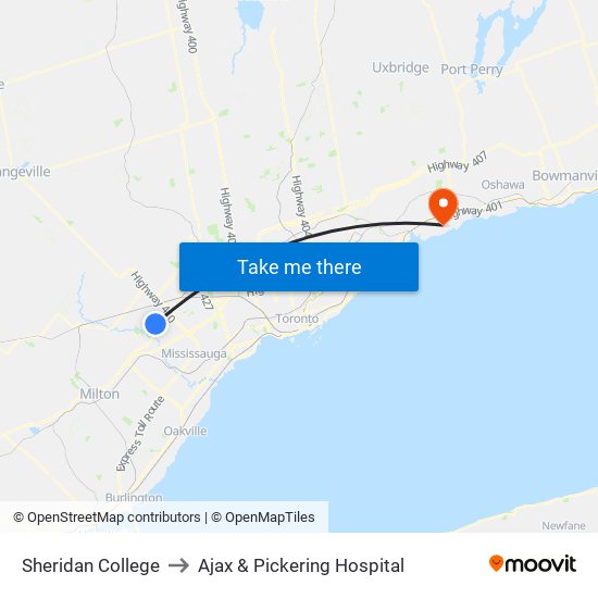 Sheridan College to Ajax & Pickering Hospital map