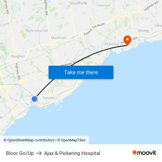 Bloor Go/Up to Ajax & Pickering Hospital map