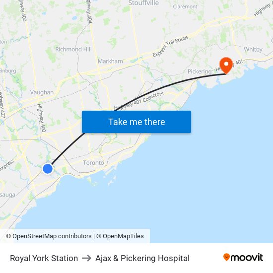 Royal York Station to Ajax & Pickering Hospital map