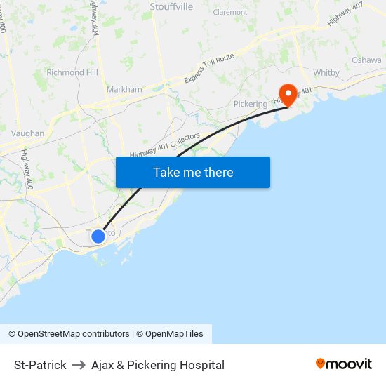 St-Patrick to Ajax & Pickering Hospital map