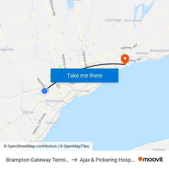 Brampton Gateway Terminal to Ajax & Pickering Hospital map