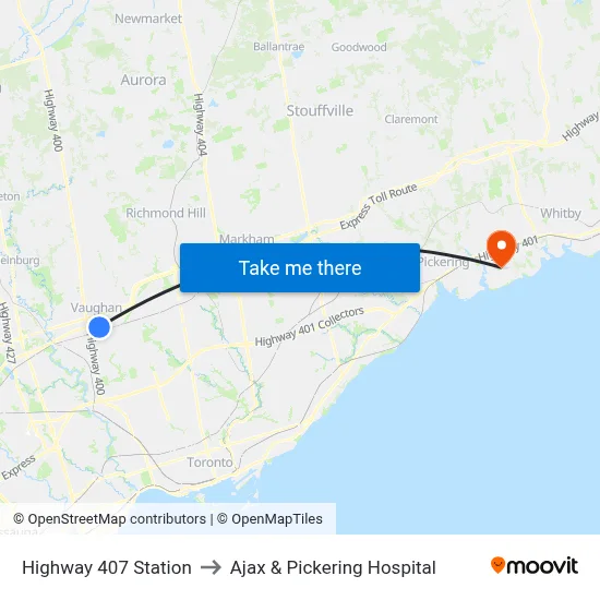 Highway 407 Station to Ajax & Pickering Hospital map