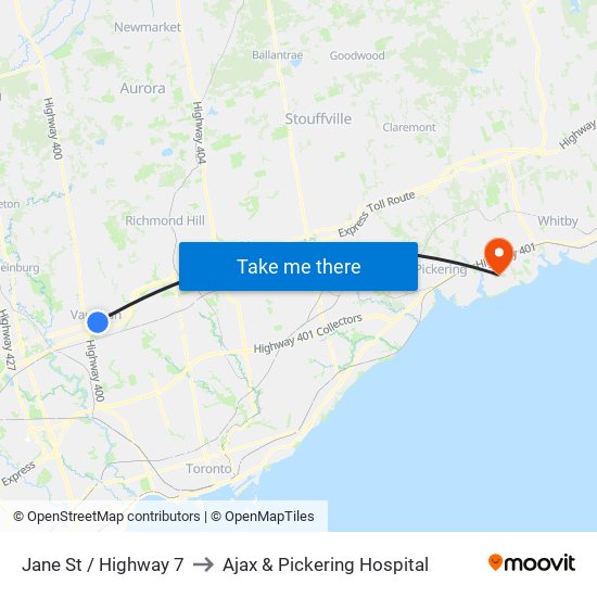 Jane St / Highway 7 to Ajax & Pickering Hospital map