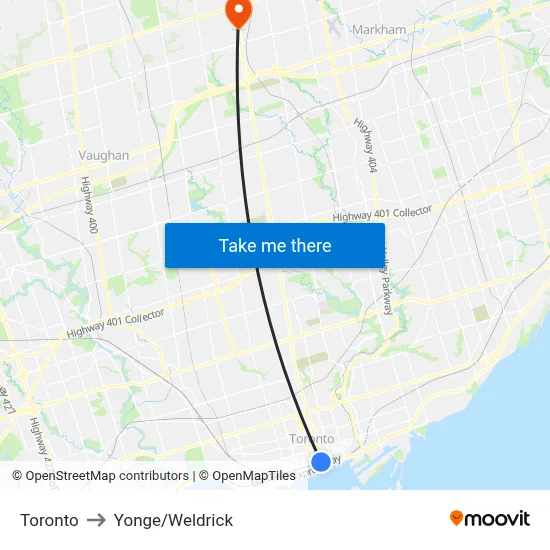 Toronto to Yonge/Weldrick map