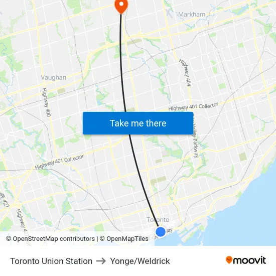 Toronto Union Station to Yonge/Weldrick map