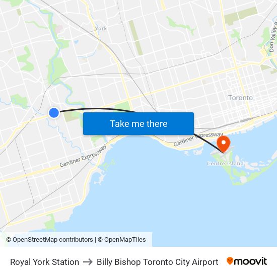 Royal York Station to Billy Bishop Toronto City Airport map