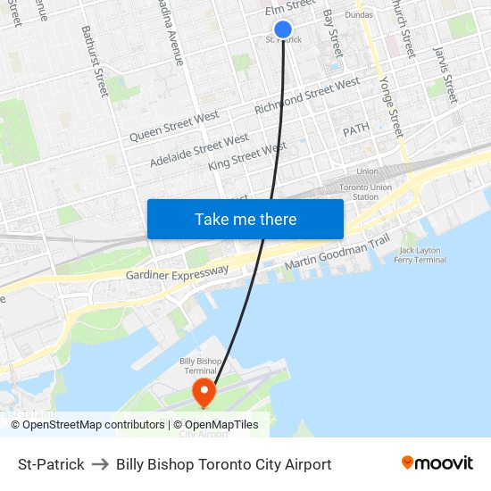 St-Patrick to Billy Bishop Toronto City Airport map