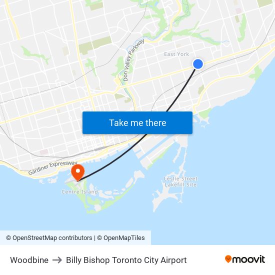 Woodbine to Billy Bishop Toronto City Airport map