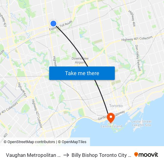 Vaughan Metropolitan Centre to Billy Bishop Toronto City Airport map