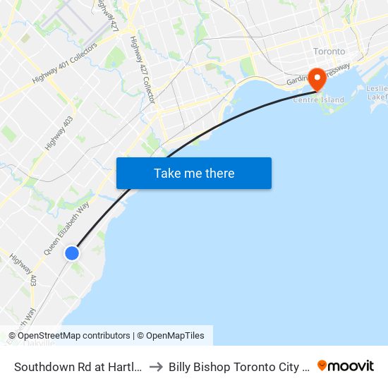 Southdown Rd at Hartland Dr to Billy Bishop Toronto City Airport map