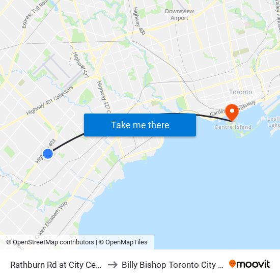 Rathburn Rd at City Centre Dr to Billy Bishop Toronto City Airport map