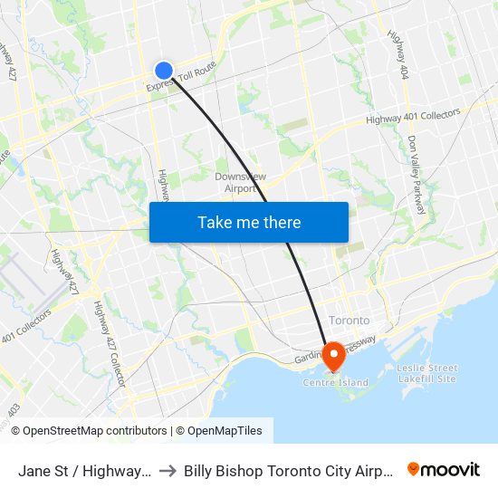 Jane St / Highway 7 to Billy Bishop Toronto City Airport map