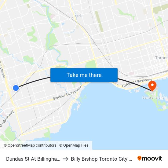 Dundas St At Billingham Rd to Billy Bishop Toronto City Airport map