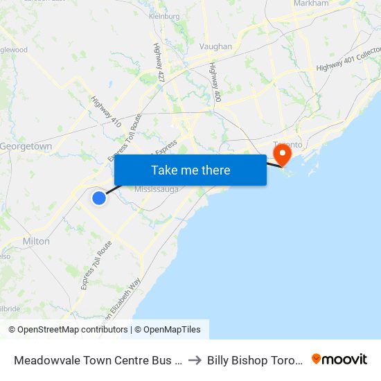 Meadowvale Town Centre Bus Terminal Platform H, I, J to Billy Bishop Toronto City Airport map