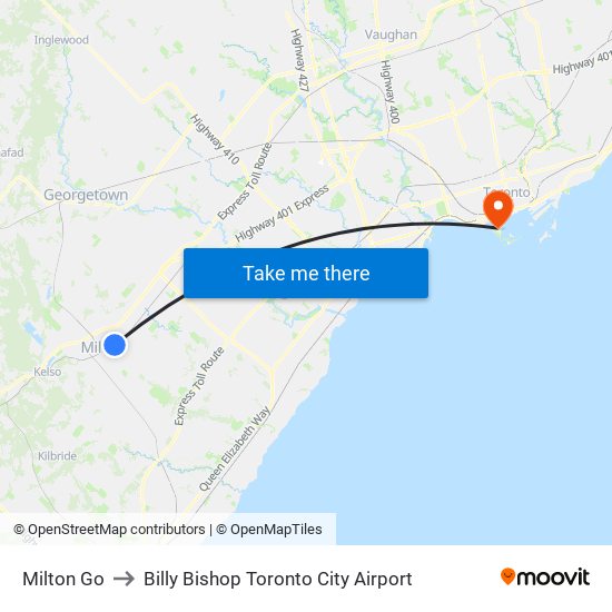 Milton Go to Billy Bishop Toronto City Airport map