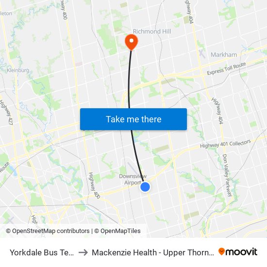Yorkdale Bus Terminal to Mackenzie Health - Upper Thornhill Centre map