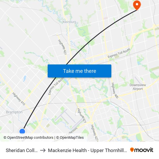 Sheridan College to Mackenzie Health - Upper Thornhill Centre map