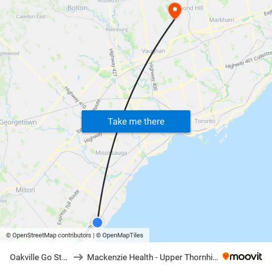 Oakville Go Station to Mackenzie Health - Upper Thornhill Centre map